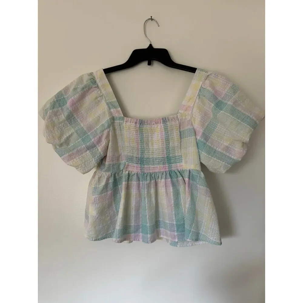 Puff Sleeve Peplum Babydoll Smocked Seersucker‎ Blouse Size M